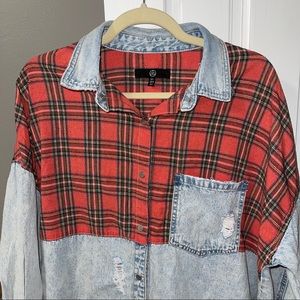 Oversized plaid shirt red & denim